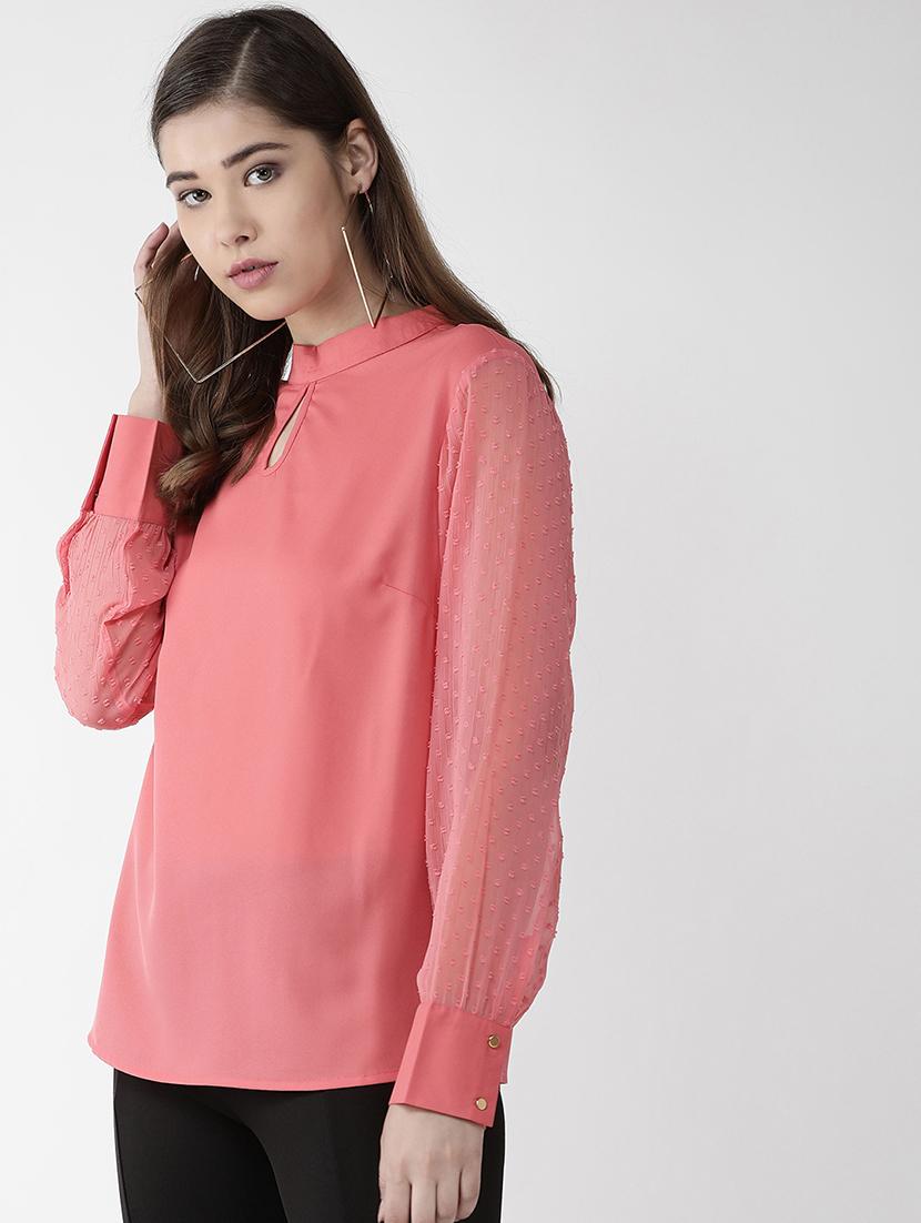 key hole neck dobby sleeved top - 16838371 - Zoom Image - 2