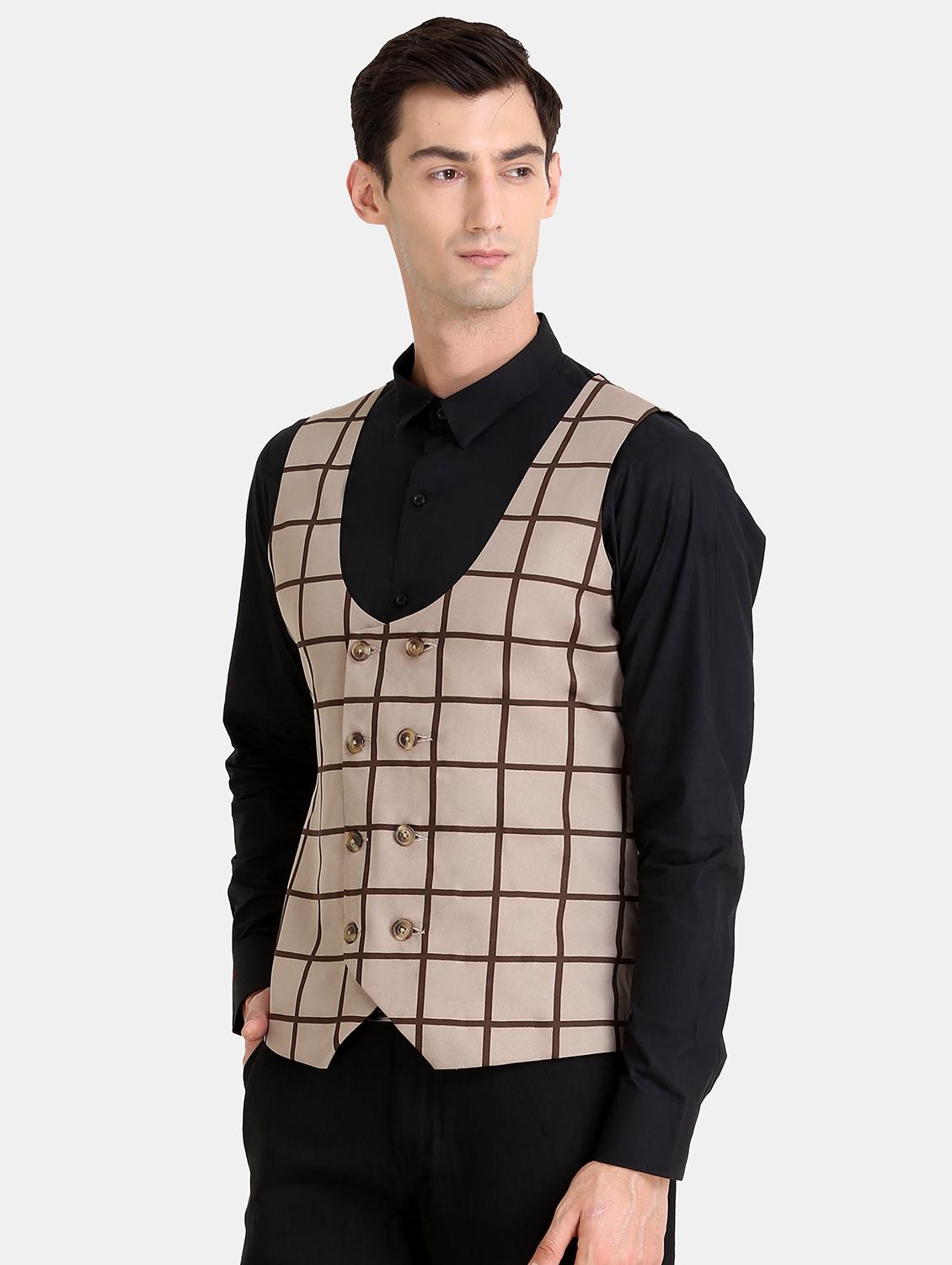 beige checkered double breasted waist coat - 16838458 - Zoom Image - 2
