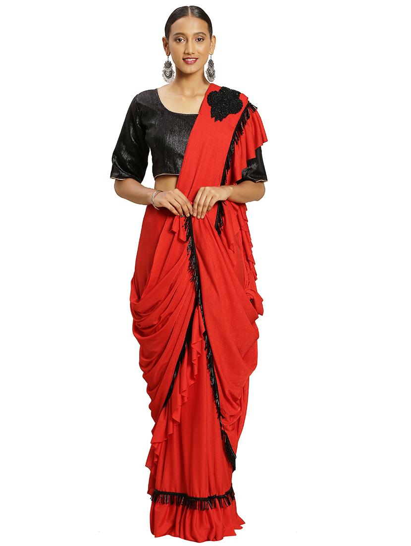 solid ruffled saree with blouse - 16838597 - Zoom Image - 1
