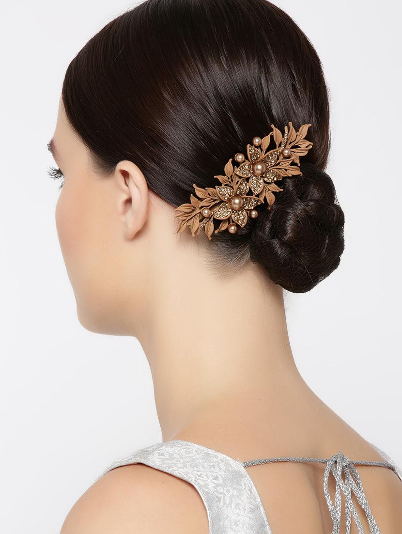 priyaasi matte finish stones and pearls studded floral brown hair clip - 16840365 - Zoom Image - 3