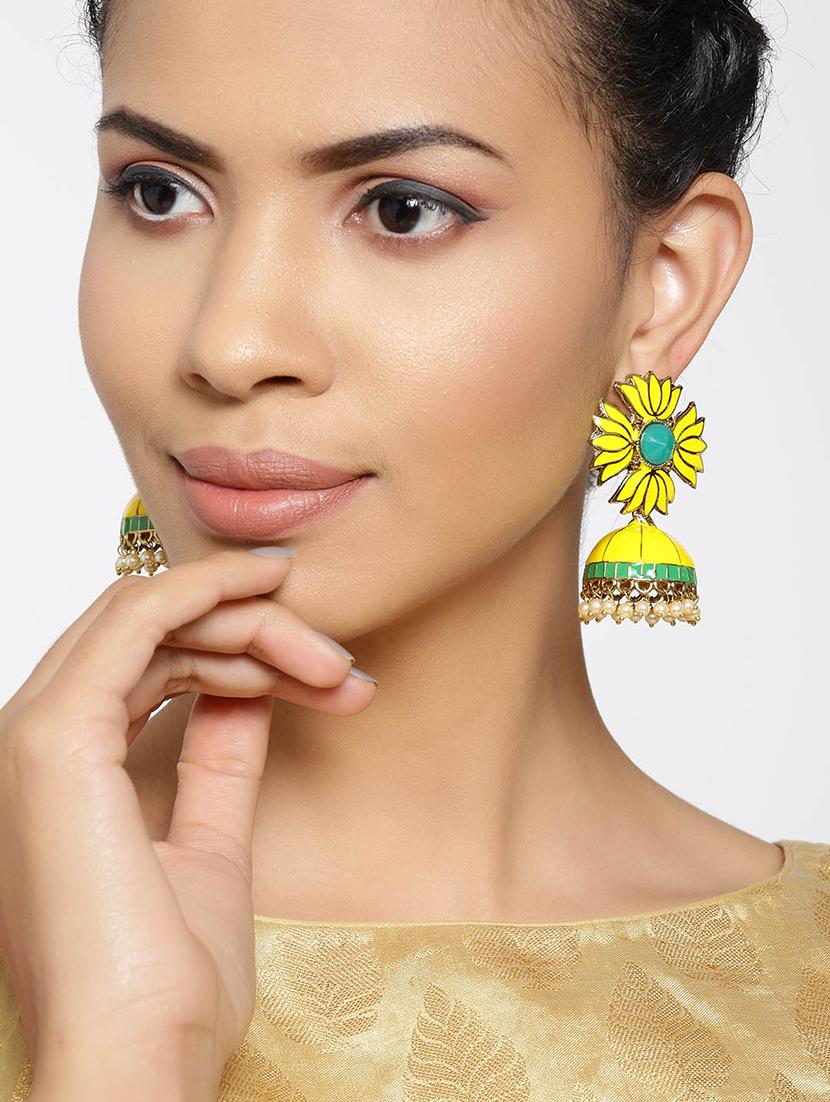 yellow brass jhumka earring - 16840618 - Zoom Image - 3