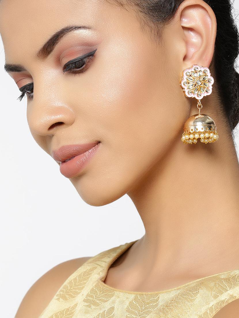 pink brass jhumka earring - 16840746 - Zoom Image - 3