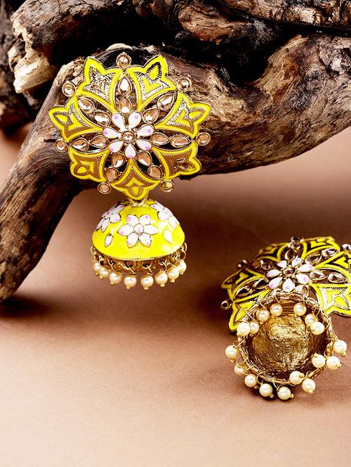 yellow brass jhumka earring - 16840766 - Standard Image - 1