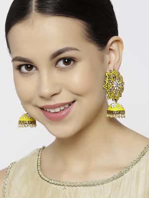 yellow brass jhumka earring - 16840766 - Standard Image - 4