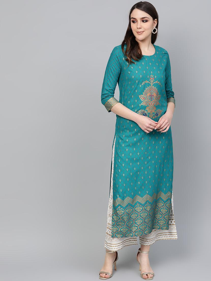 teal rayon kurta palazzo set - 16842889 - Zoom Image - 1