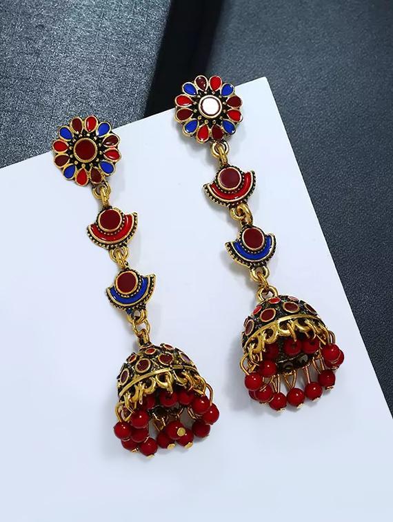 red metal jhumka earring - 16843624 - Zoom Image - 2