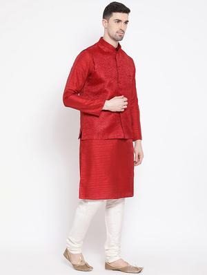 red solid kurta pyjama set with nehru jacket - 16843935 - Standard Image - 2