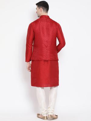 red solid kurta pyjama set with nehru jacket - 16843935 - Standard Image - 3