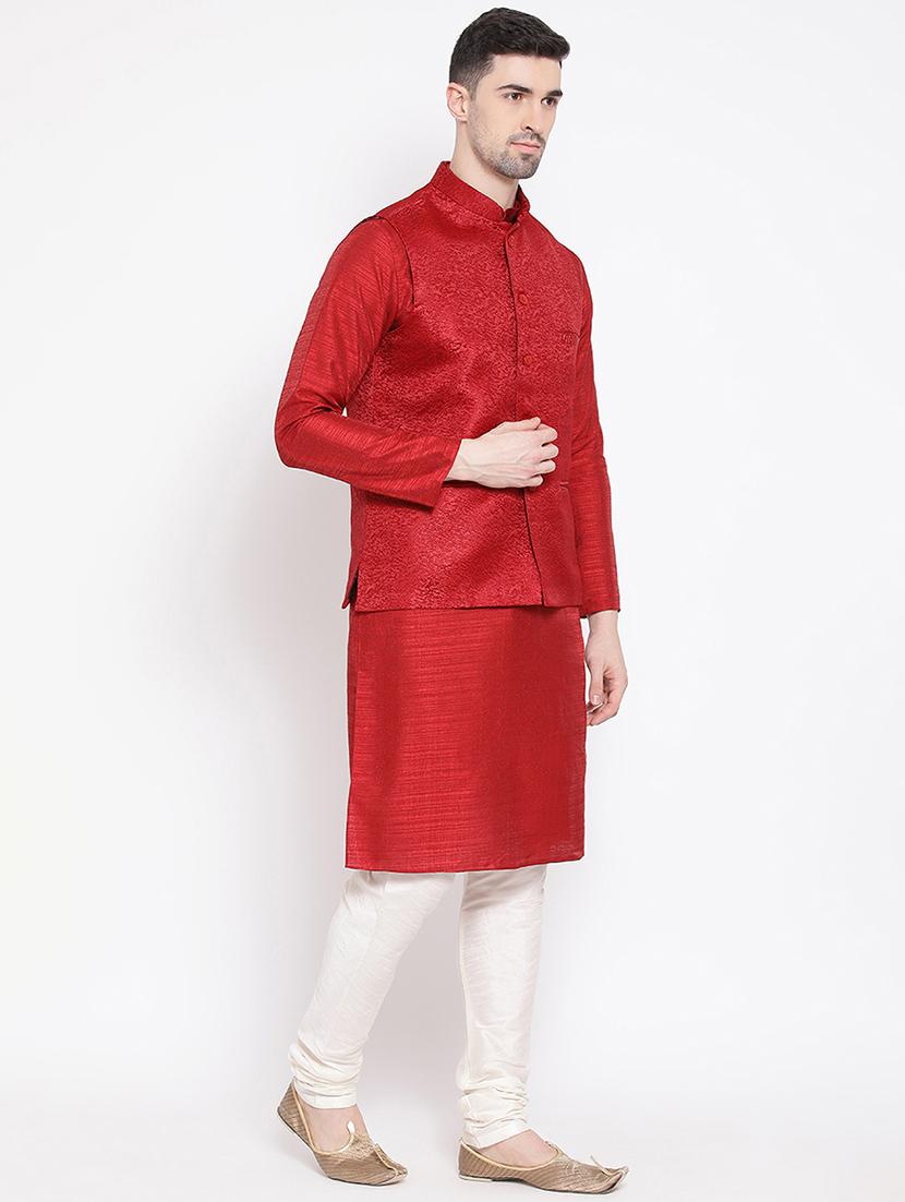 red solid kurta pyjama set with nehru jacket - 16843935 - Zoom Image - 2