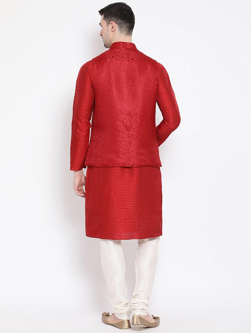 red solid kurta pyjama set with nehru jacket - 16843935 - Zoom Image - 3