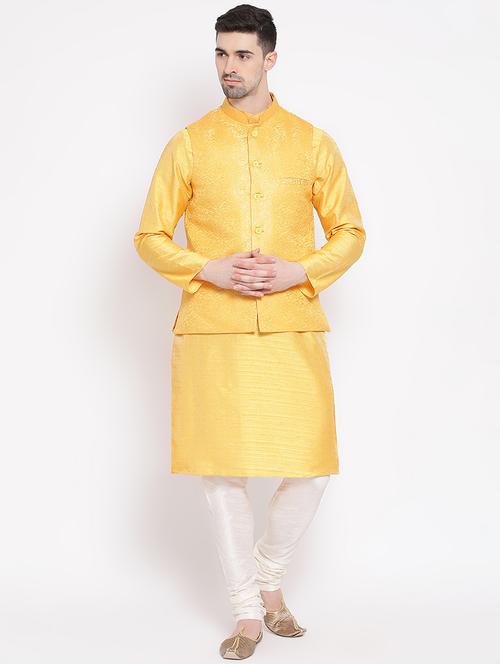 yellow solid kurta pyjama set with nehru jacket - 16843937 - Standard Image - 1