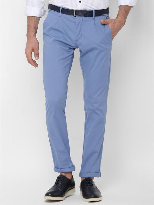 blue solid pleated front casual trouser - 16846723 - Standard Image - 1