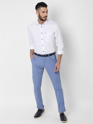 blue solid pleated front casual trouser - 16846723 - Standard Image - 3