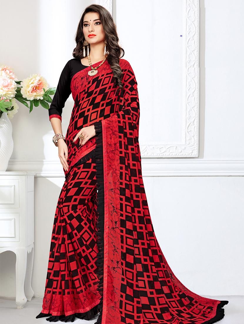 ruffle detail printed saree with blouse - 16847835 - Zoom Image - 1