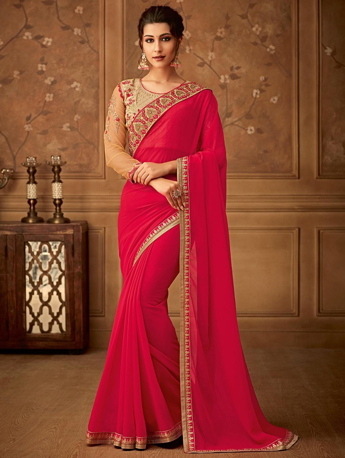 solid embroidered saree with blouse - 16849362 - Zoom Image - 1