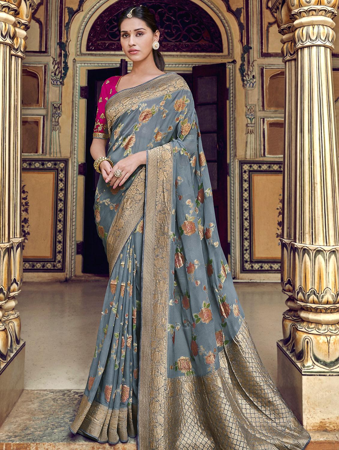 self design banarasi saree with blouse - 16850813 - Zoom Image - 1
