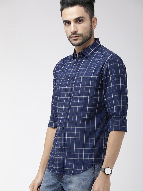 navy blue checkered casual shirt - 16855382 - Standard Image - 1
