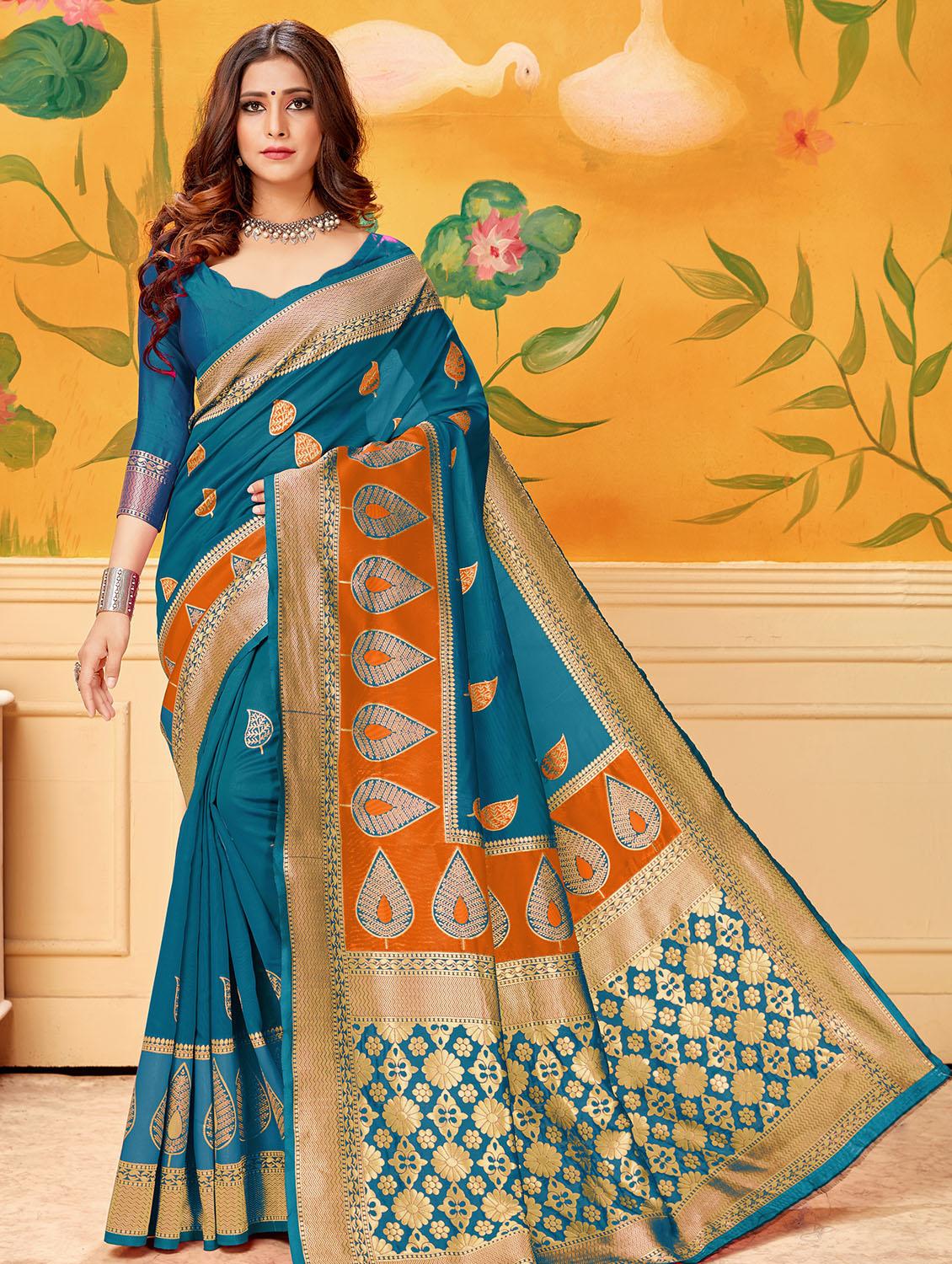 bordered woven saree with blouse - 16860415 - Zoom Image - 1