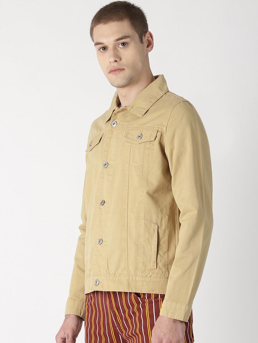 beige solid denim jacket - 16862220 - Zoom Image - 2