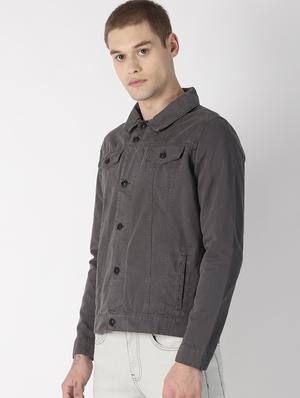 grey solid denim jacket - 16862223 - Standard Image - 2