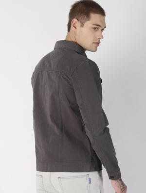 grey solid denim jacket - 16862223 - Standard Image - 3