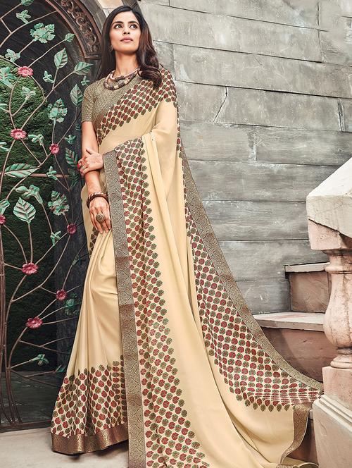 solid printed saree with blouse - 16870174 - Standard Image - 1