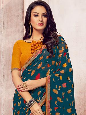 teal printed saree with blouse - 16870199 - Standard Image - 2