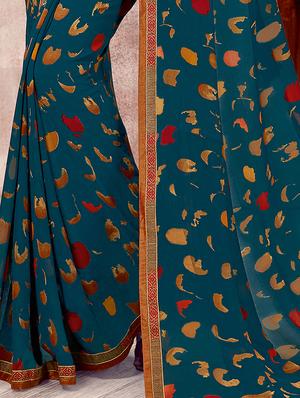 teal printed saree with blouse - 16870199 - Standard Image - 3