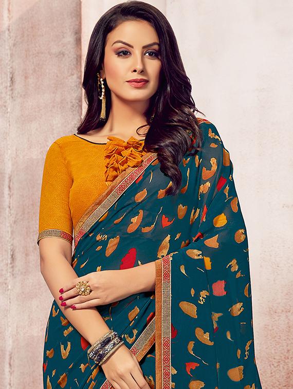 teal printed saree with blouse - 16870199 - Zoom Image - 2