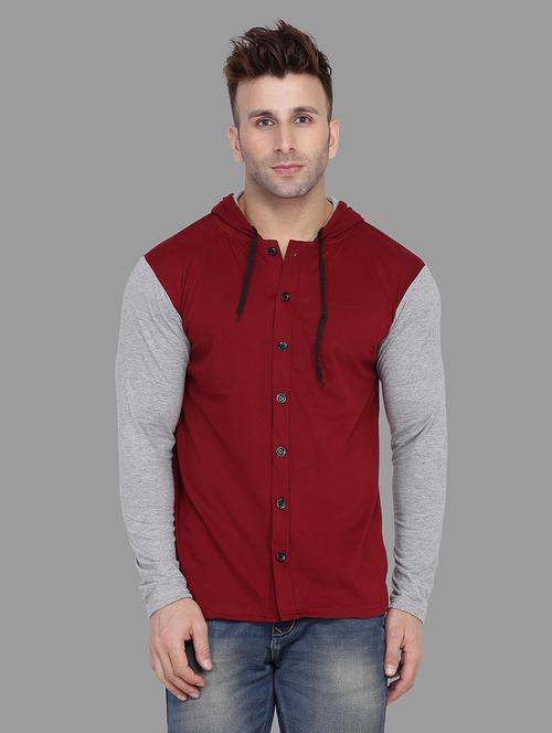 maroon color block hooded t-shirt - 16873187 - Standard Image - 1