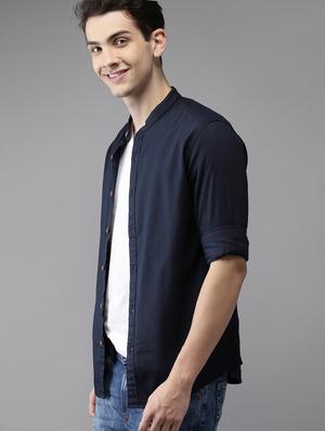 navy blue solid casual shirt - 16873291 - Standard Image - 2