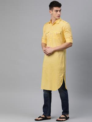 yellow solid pathani kurta - 16878116 - Standard Image - 2