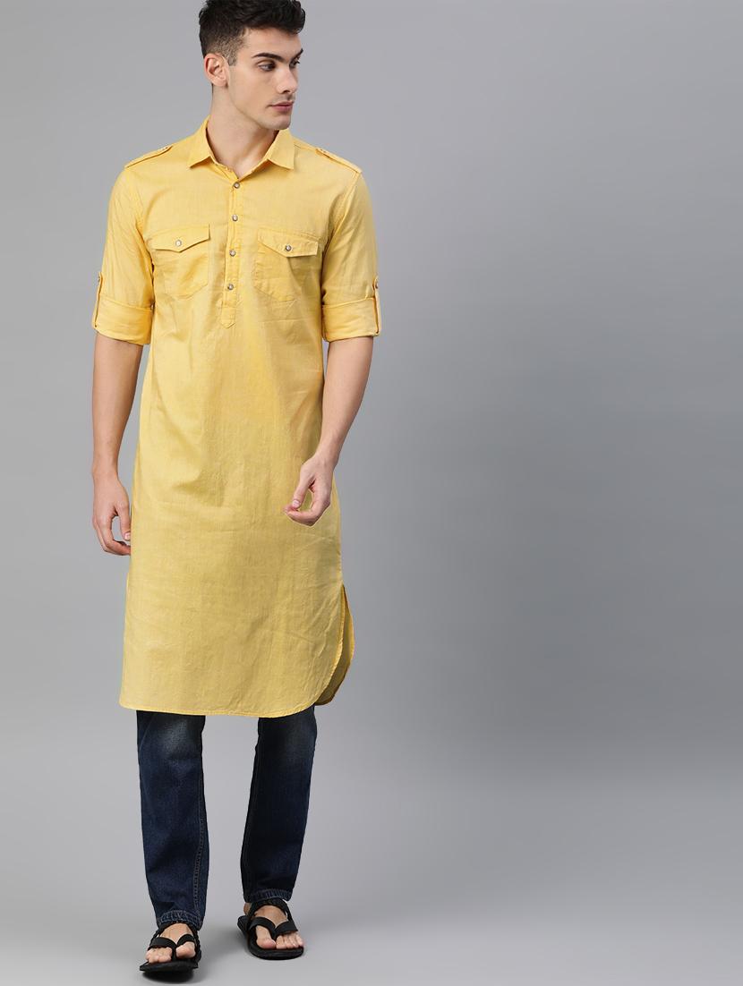 yellow solid pathani kurta - 16878116 - Zoom Image - 1