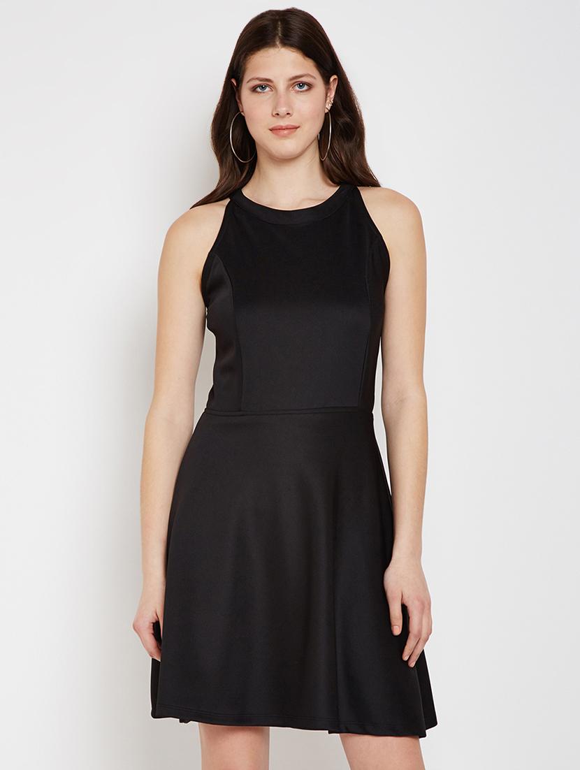 lace up back solid fit & flare dress - 16879556 - Zoom Image - 1