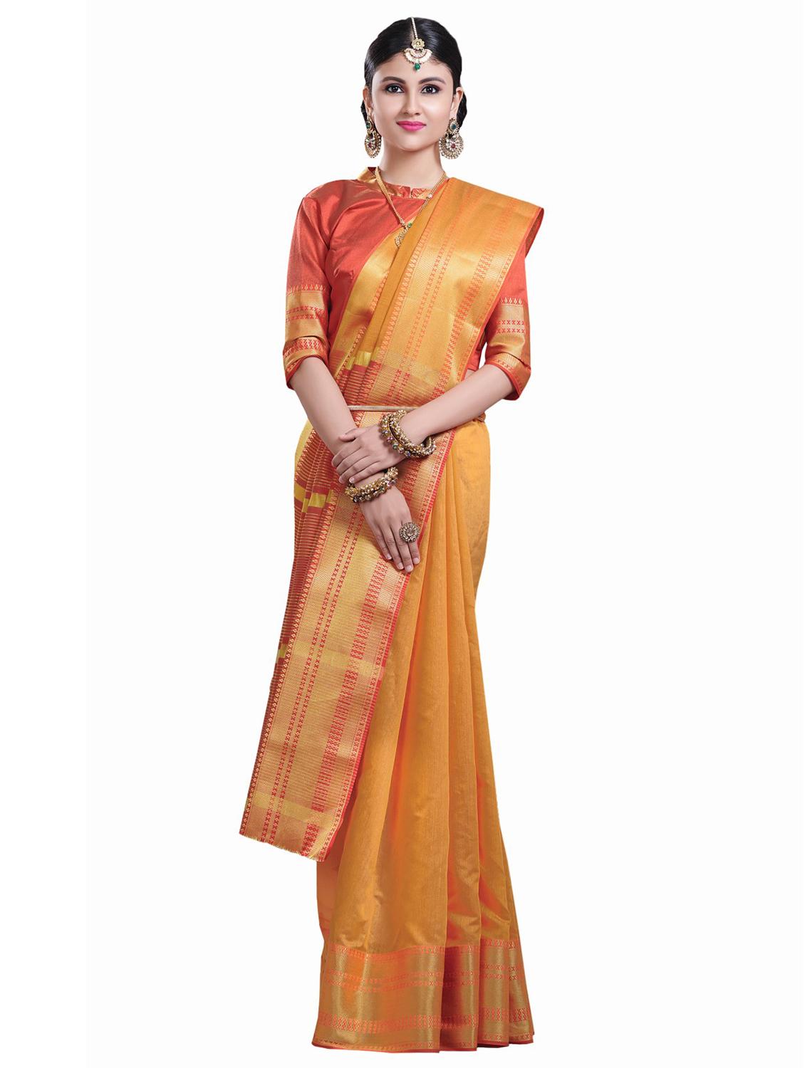 solid bordered chanderi saree with blouse - 16882012 - Zoom Image - 1