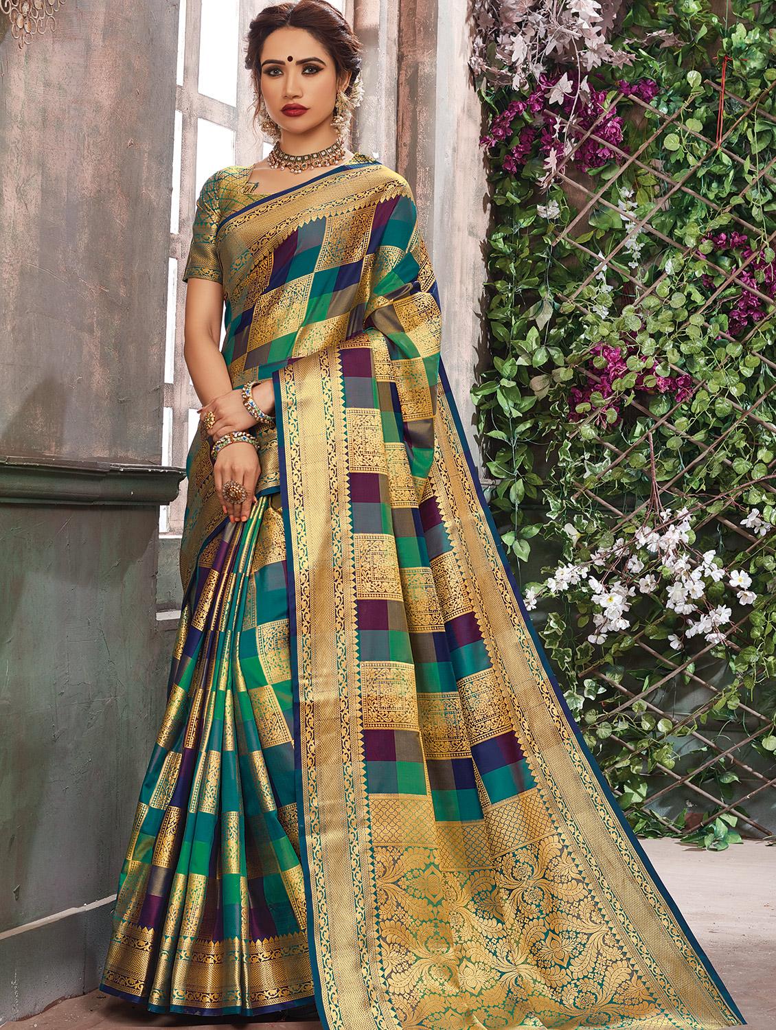 checkered banarasi saree with blouse - 16882064 - Zoom Image - 1