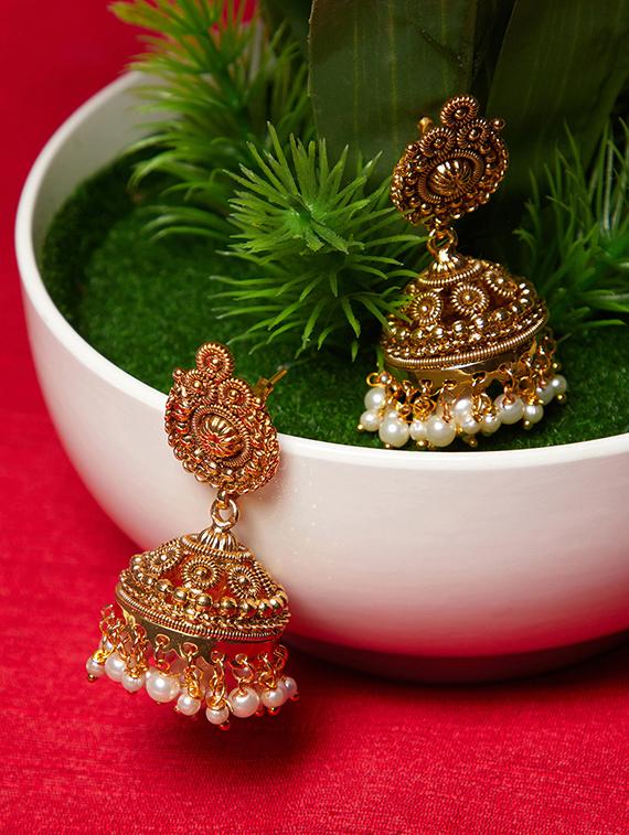 gold metal jhumka earring - 16888132 - Zoom Image - 1