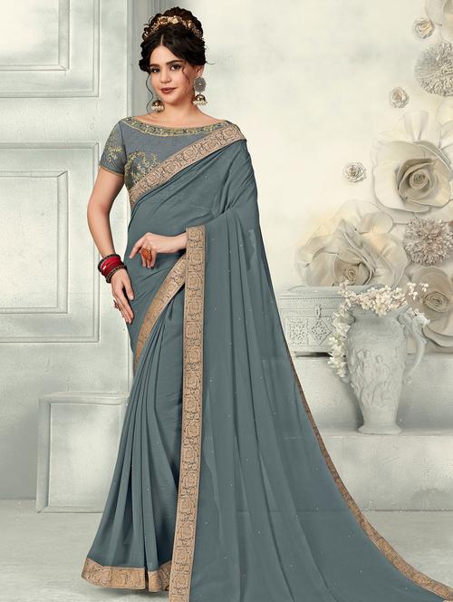 solid bordered saree with blouse - 16888984 - Standard Image - 1