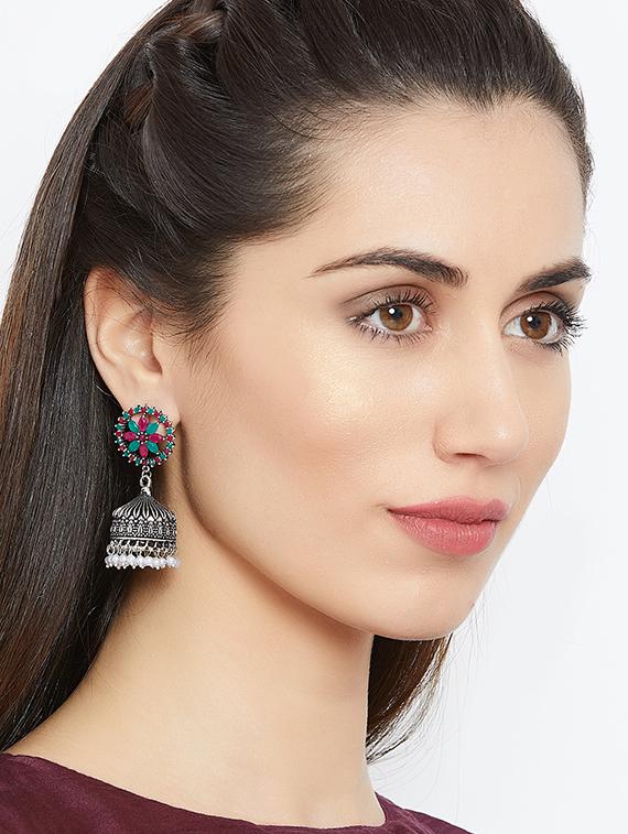 multi colored brass jhumka earring - 16889103 - Zoom Image - 4