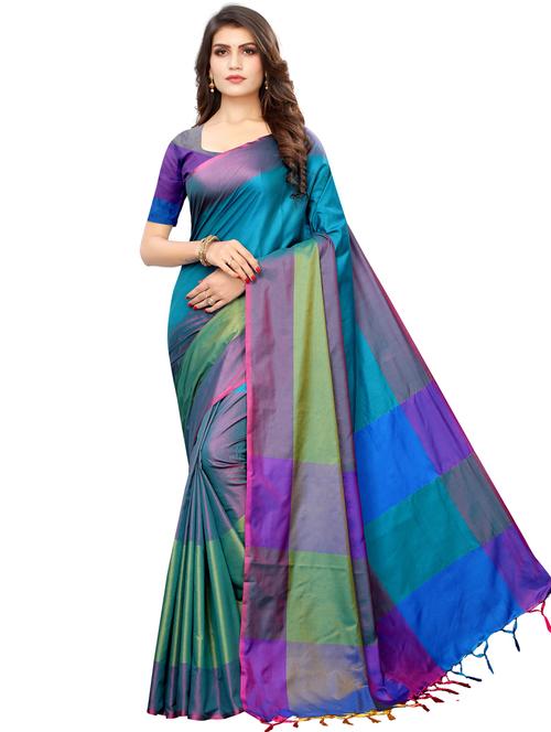 stripe print woven saree with blouse - 16889523 - Very Small Image - 1