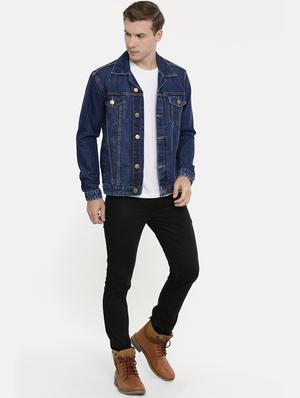 dark blue solid denim jacket - 16890677 - Standard Image - 4