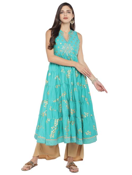 foil print tiered flare kurta - 16891210 - Standard Image - 1
