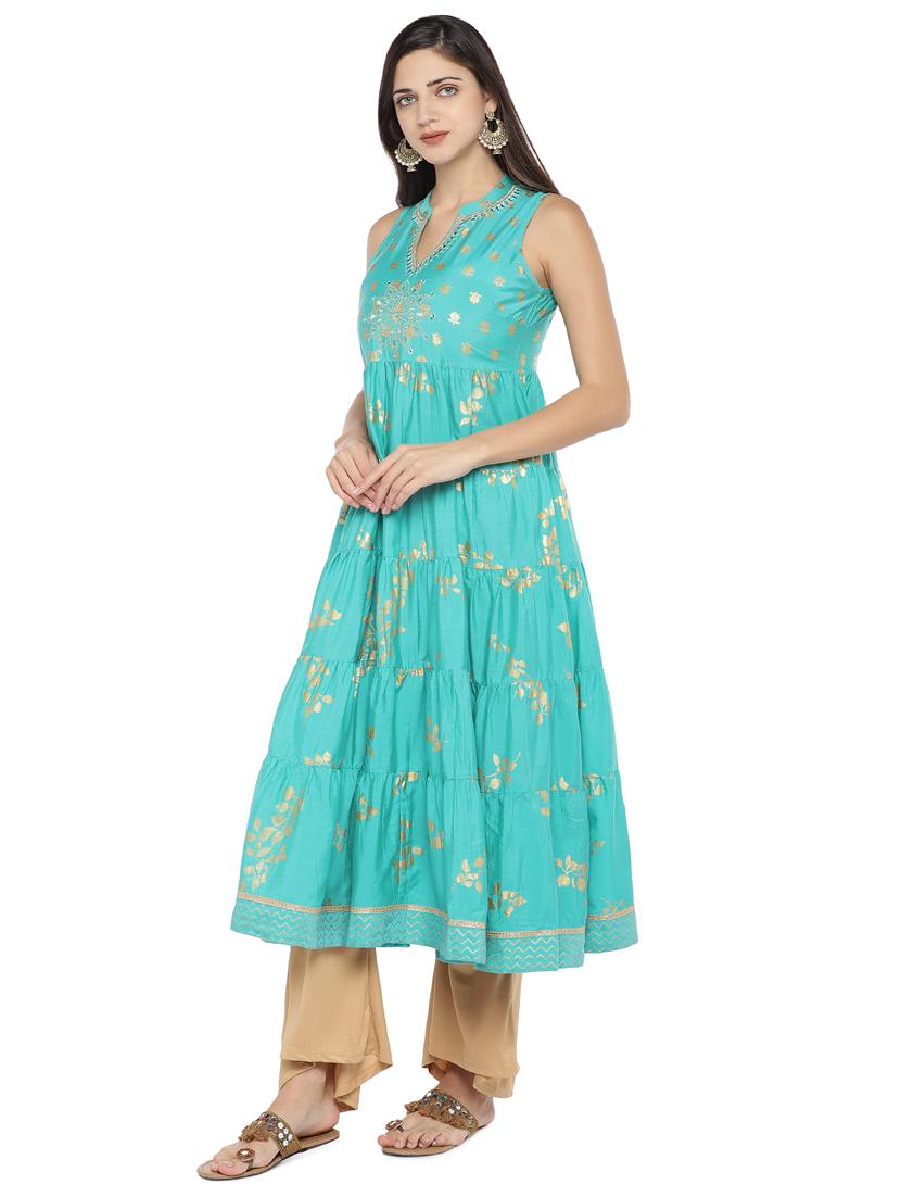 foil print tiered flare kurta - 16891210 - Zoom Image - 2