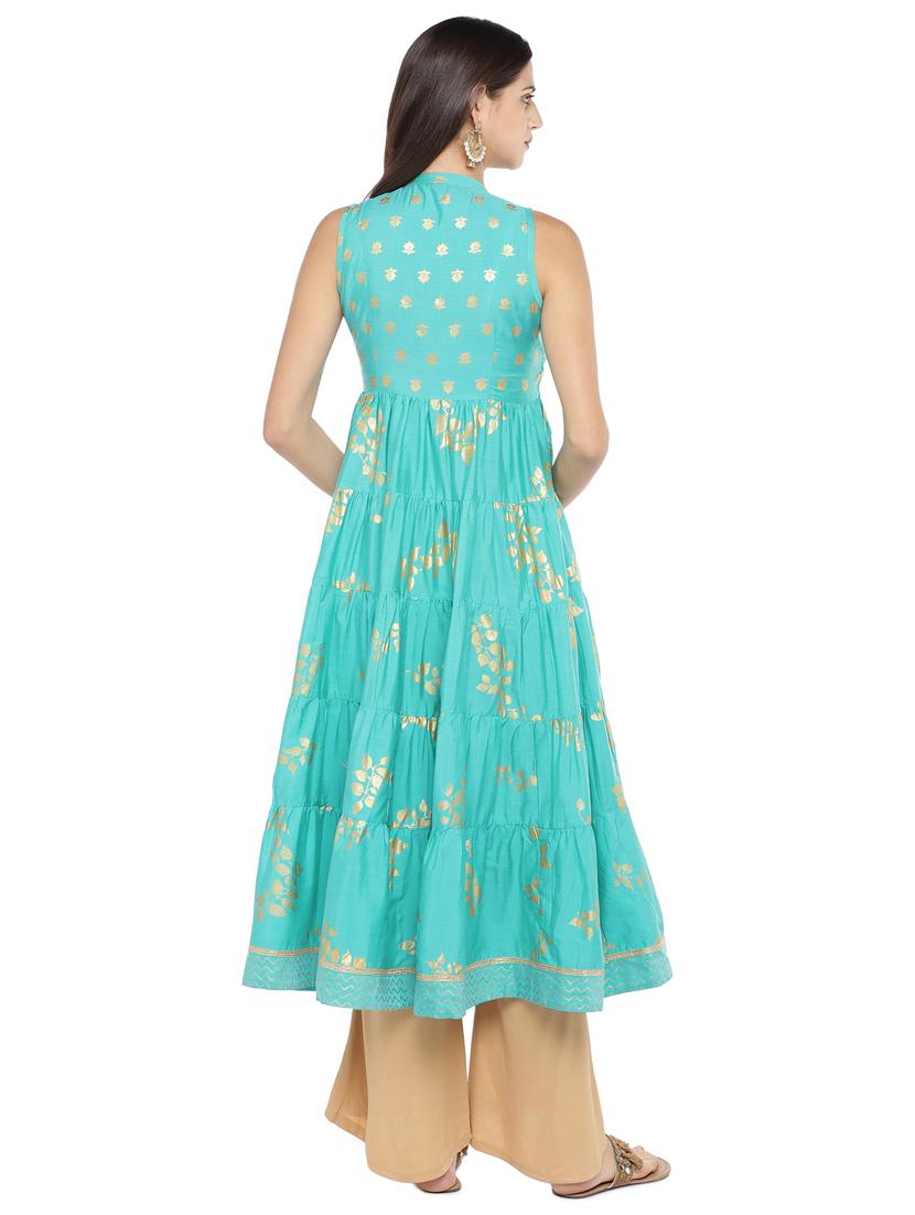 foil print tiered flare kurta - 16891210 - Zoom Image - 3