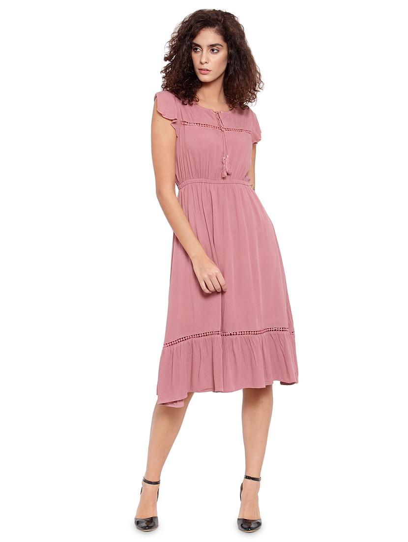 tie up neck lace insert flared dress - 16897145 - Zoom Image - 1