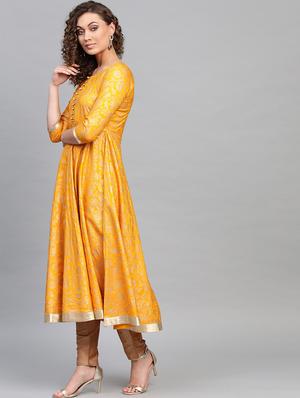 yellow cotton flared kurta - 16906460 - Standard Image - 2