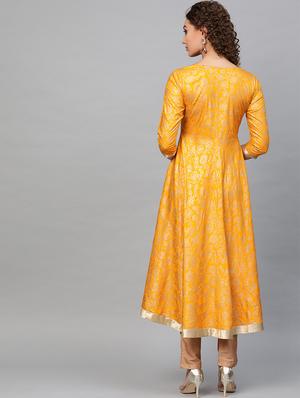 yellow cotton flared kurta - 16906460 - Standard Image - 3