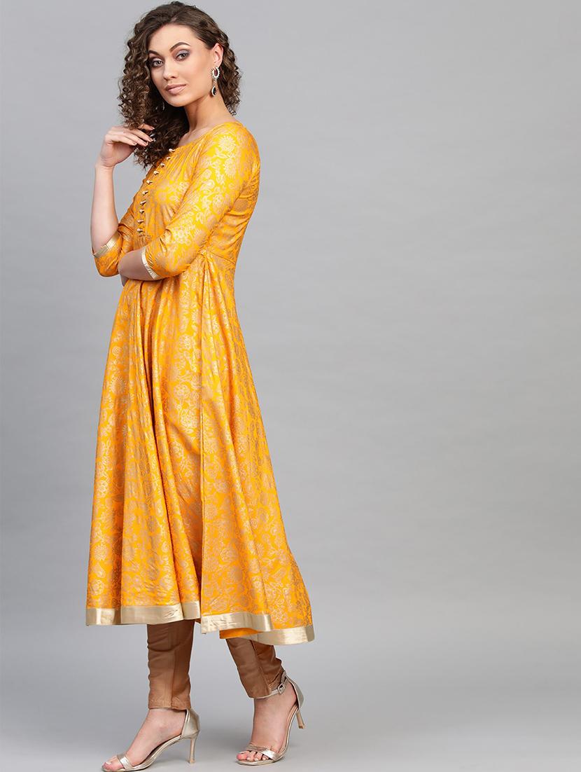yellow cotton flared kurta - 16906460 - Zoom Image - 2