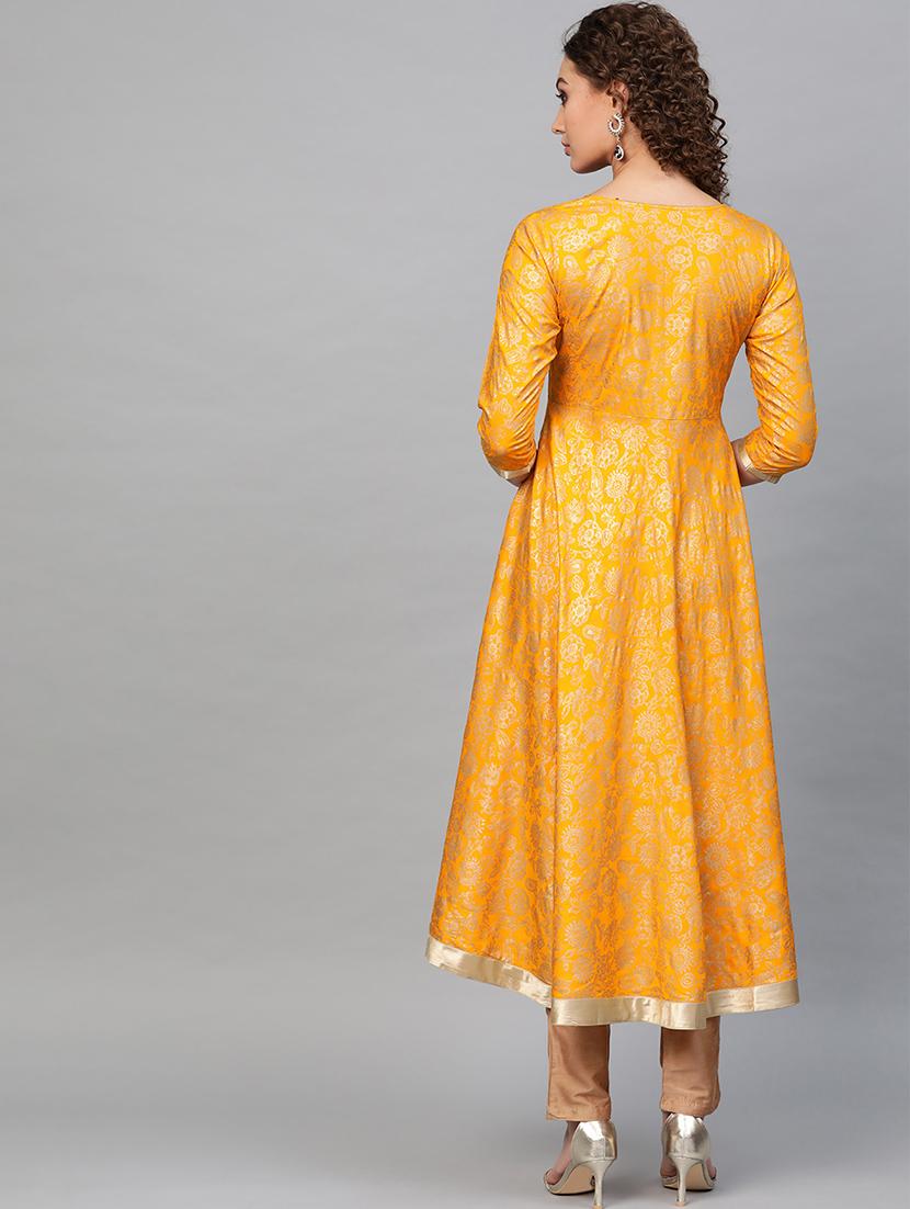 yellow cotton flared kurta - 16906460 - Zoom Image - 3