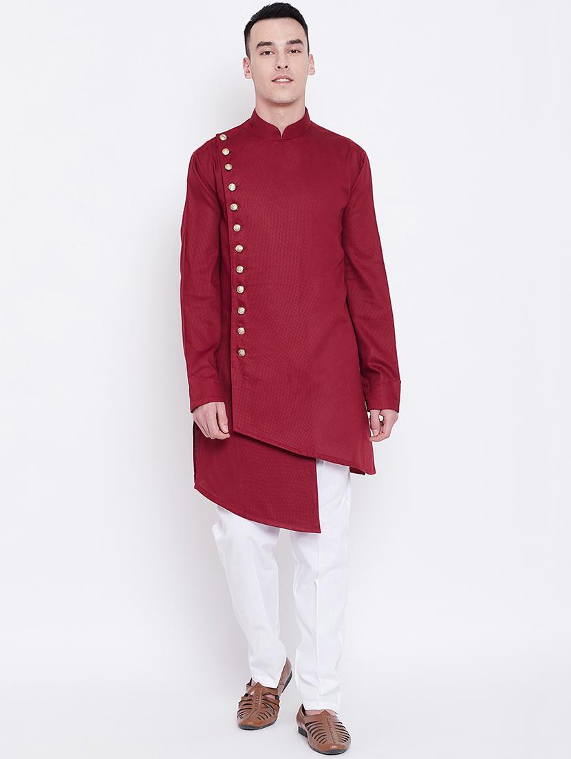 maroon solid asymmetric kurta pyjama set - 16909266 - Zoom Image - 1